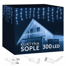 LAMPKI CHOINKOWE SOPLE 300 LED ZEWNĘTRZNE ZIMNA BIEL IP44 CE KURTYNA ŚWIETLANA