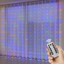 Kurtyna świetlna LED 300 diod 3x3m MULTI kolor – lampki świąteczne choinkowe, girlanda bożonarodzeniowa z pilotem, 8 trybów