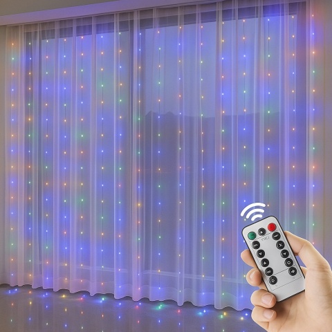 Kurtyna świetlna LED 300 diod 3x3m MULTI kolor – lampki świąteczne choinkowe, girlanda bożonarodzeniowa z pilotem, 8 trybów Kurtyna świetlna LED 300 diod 3x3m MULTI kolor – lampki świąteczne choinkowe, girlanda bożonarodzeniowa z pilotem, 8 trybów