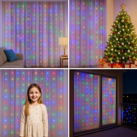 Kurtyna świetlna LED 300 diod 3x3m MULTI kolor – lampki świąteczne choinkowe, girlanda bożonarodzeniowa z pilotem, 8 trybów Kurtyna świetlna LED 300 diod 3x3m MULTI kolor – lampki świąteczne choinkowe, girlanda bożonarodzeniowa z pilotem, 8 trybów