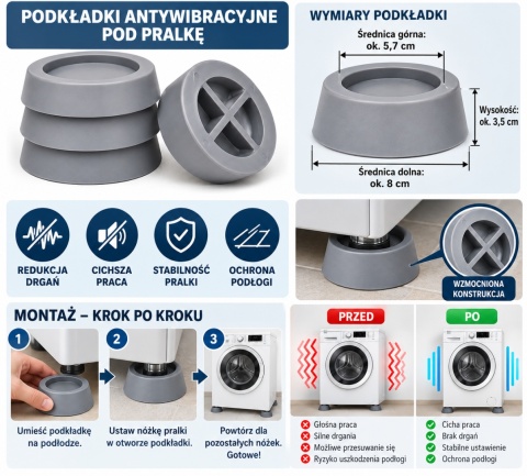 PODKŁADKI ANTYWIBRACYJNE POD PRALKĘ szare GUMOWE 4SZT.